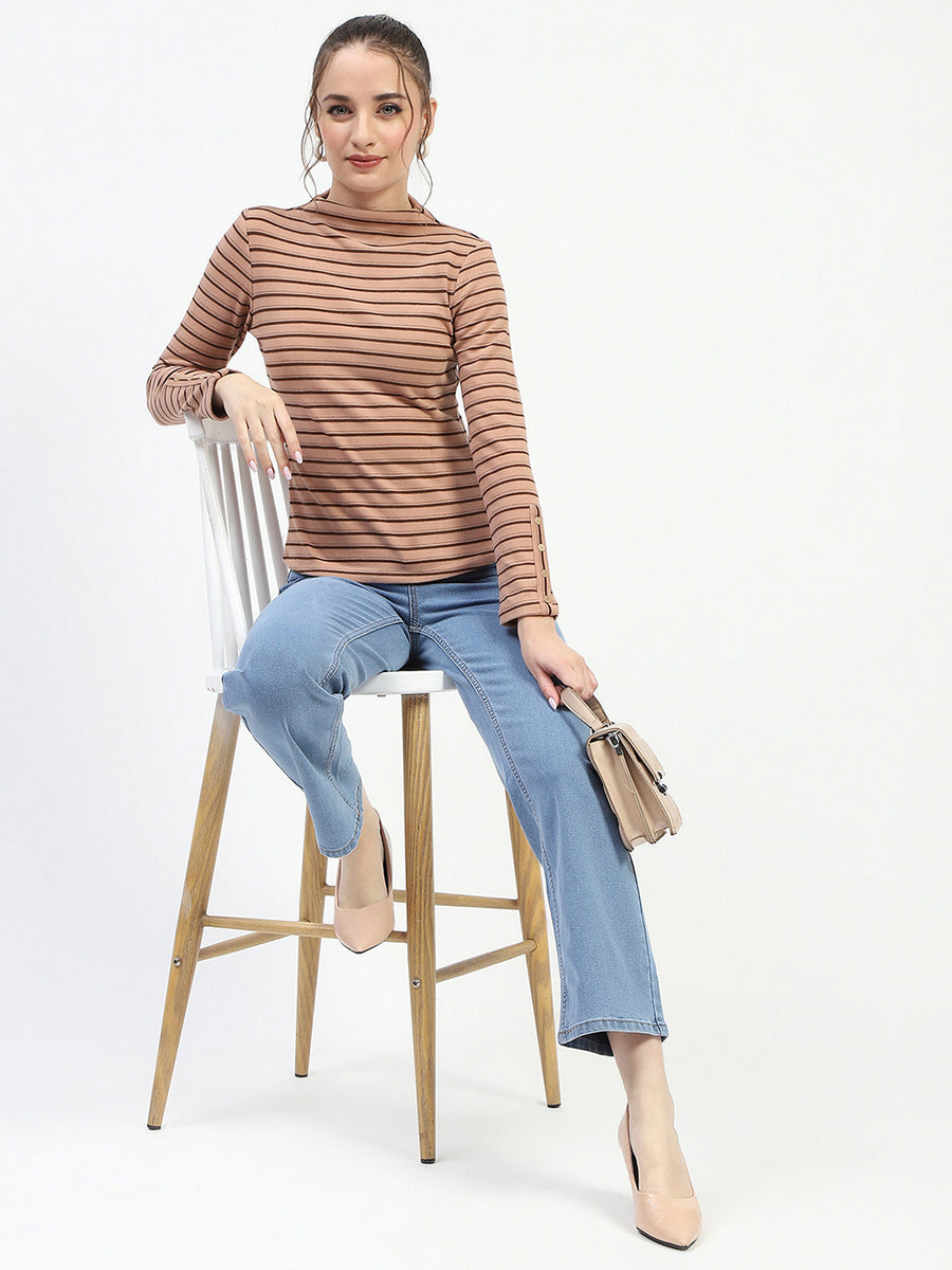 Madame Mock Neck Striped Button Detailed Sleeve Brown Top