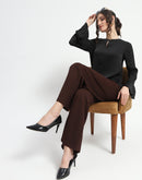 Madame Straight Fit Elasticated Waist Solid Coffee Trousers