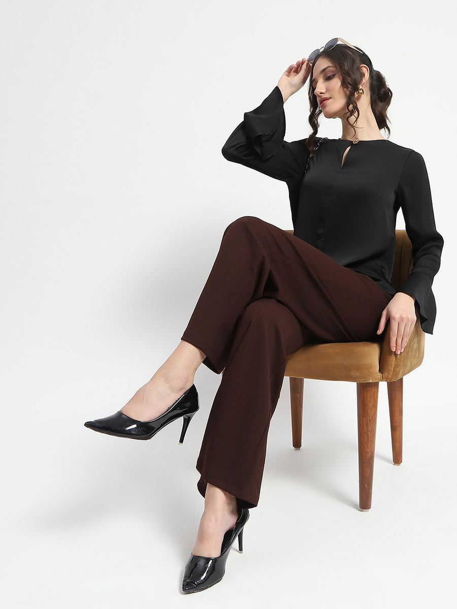 Madame Straight Fit Elasticated Waist Solid Coffee Trousers