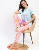 mSECRET Typography Adorned Sky Blue T-shirt with Floral Print Pyjama Nightsuit Set