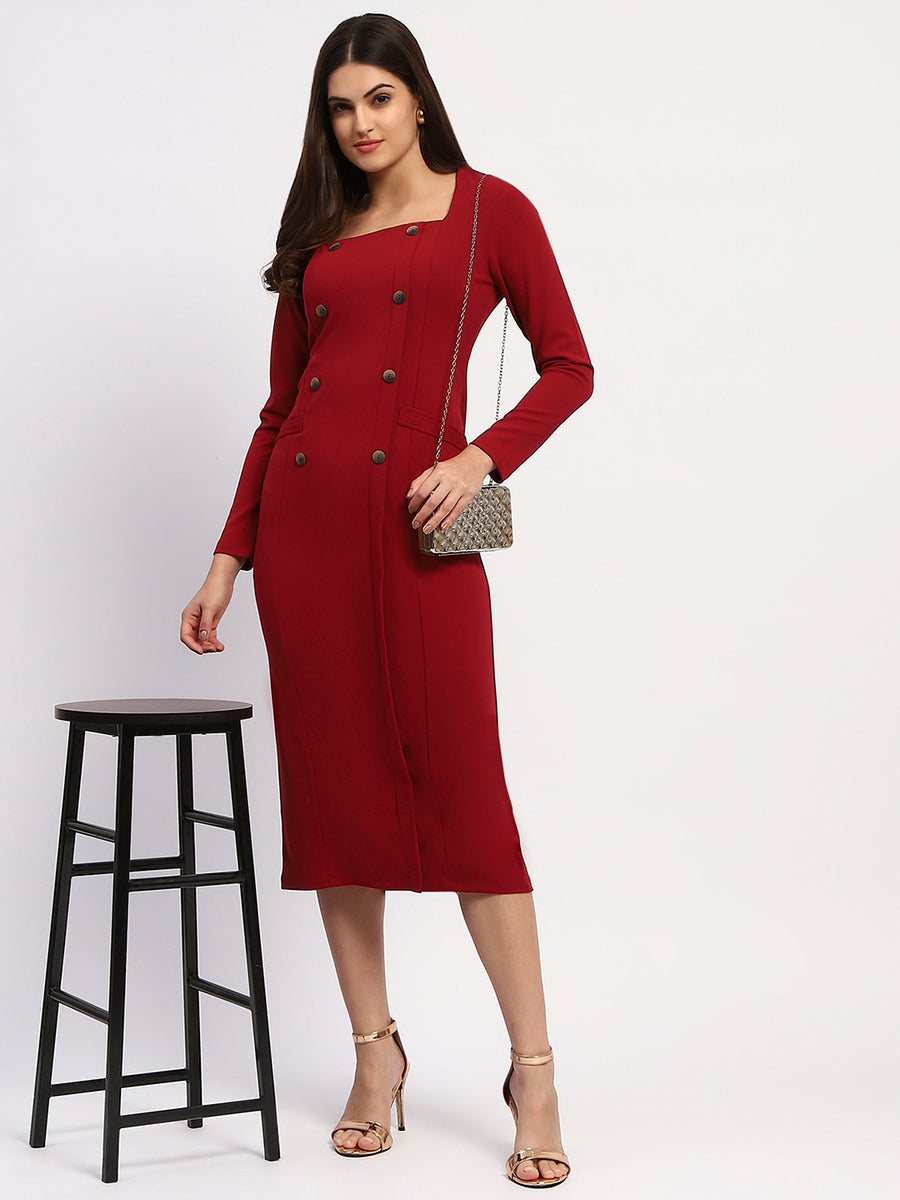 Madame Red Double-Breasted Detailing Long Coat Dress