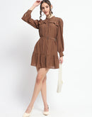 Madame Buckle Detailed Solid Chocolate Brown Shirt Dress