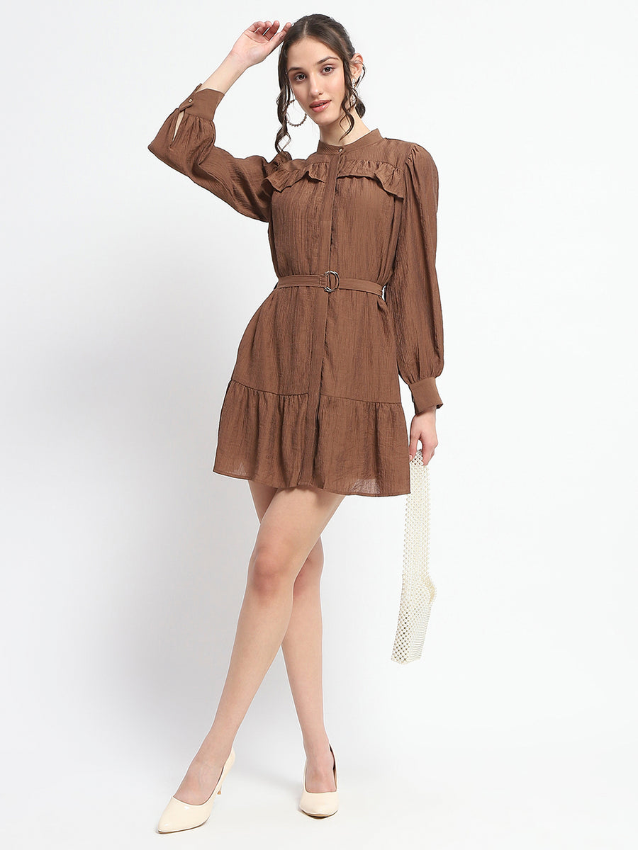 Madame Buckle Detailed Solid Chocolate Brown Shirt Dress