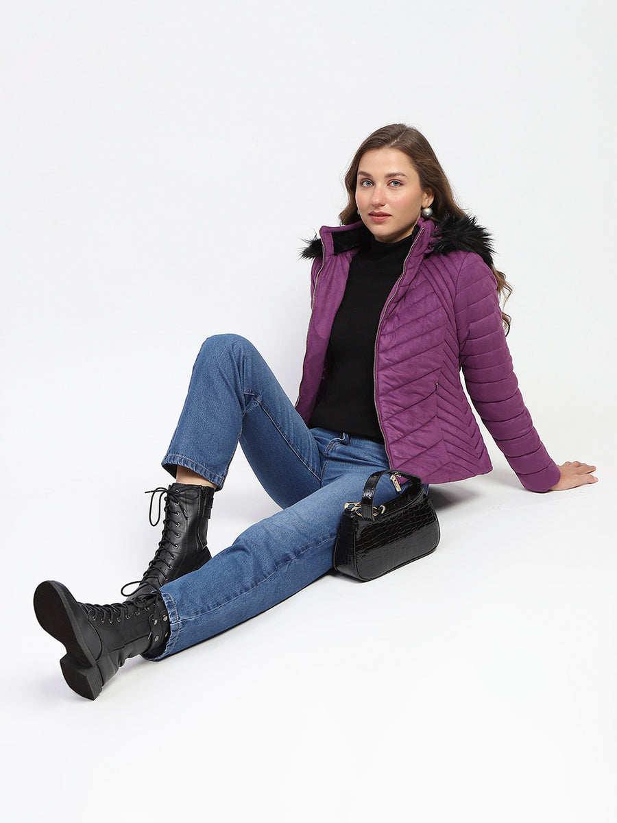 Madame Fur Hooded Purple Quilted Jacket