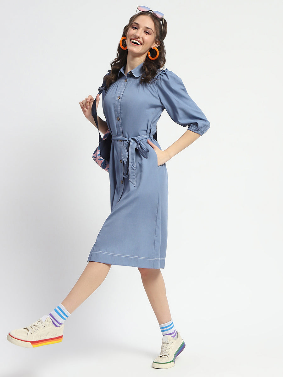 Madame Cotton Blend Belted Waist Blue Midi Shirt Dress