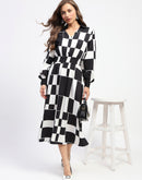 Madame Viscose Chessboard Print Cinched Waist Black Dress