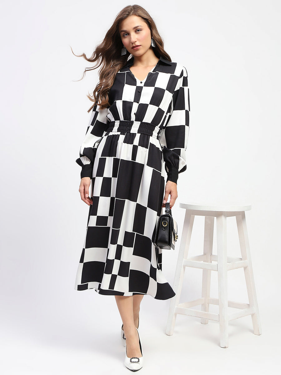 Madame Viscose Chessboard Print Cinched Waist Black Dress