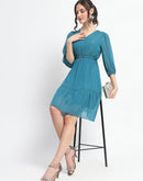 Madame Shimmery Tiered Belted Waist Teal Midi Dress