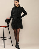 Madame Belted Button Down Black Mini Shirt Dress