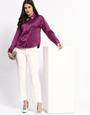 Madame Embellished Collar Cuff Sleeve Solid Purple Shirt