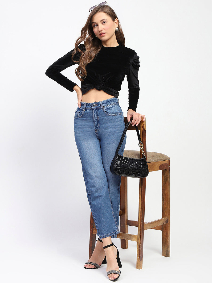 Madame Wrap Detailed Puff Sleeve Black Top