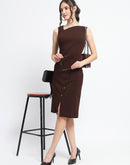 Madame Button Detailed Chocolate Brown Bodycon Knit Dress