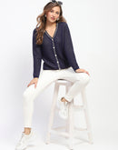 Madame Geometric Pattern V Neck Navy Blue Cardigan