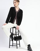 Madame Colorful Embroidered Trim V-Neck Black Cardigan