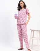 mSECRET Pink Button-Down Night Suit Set with Blue Floral Print