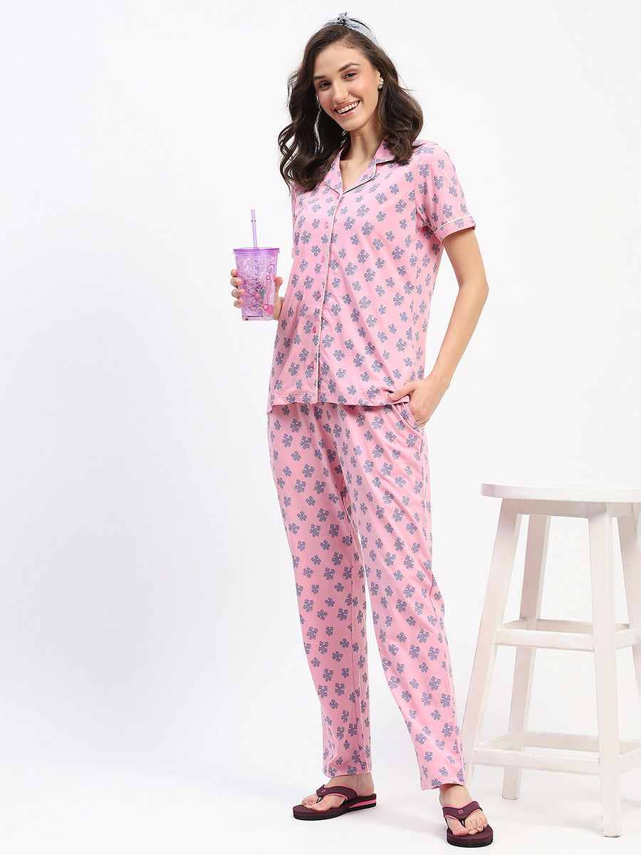 mSECRET Pink Button-Down Night Suit Set with Blue Floral Print