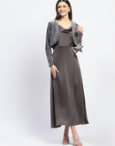 Madame Cowl Neck Solid Grey Satin Maxi Dress