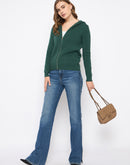 Madame Zip Solid Green Hooded Sweater