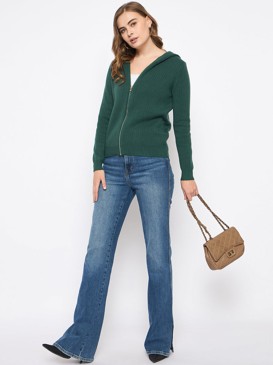 Madame Zip Solid Green Hooded Sweater