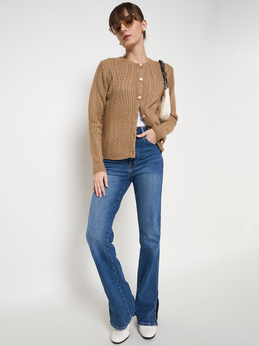 Madame Cable Knit Camel Acrylic Blend Cardigan