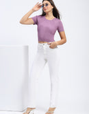 Madame Ribbed Round Neck Bodycon Solid Lilac Top