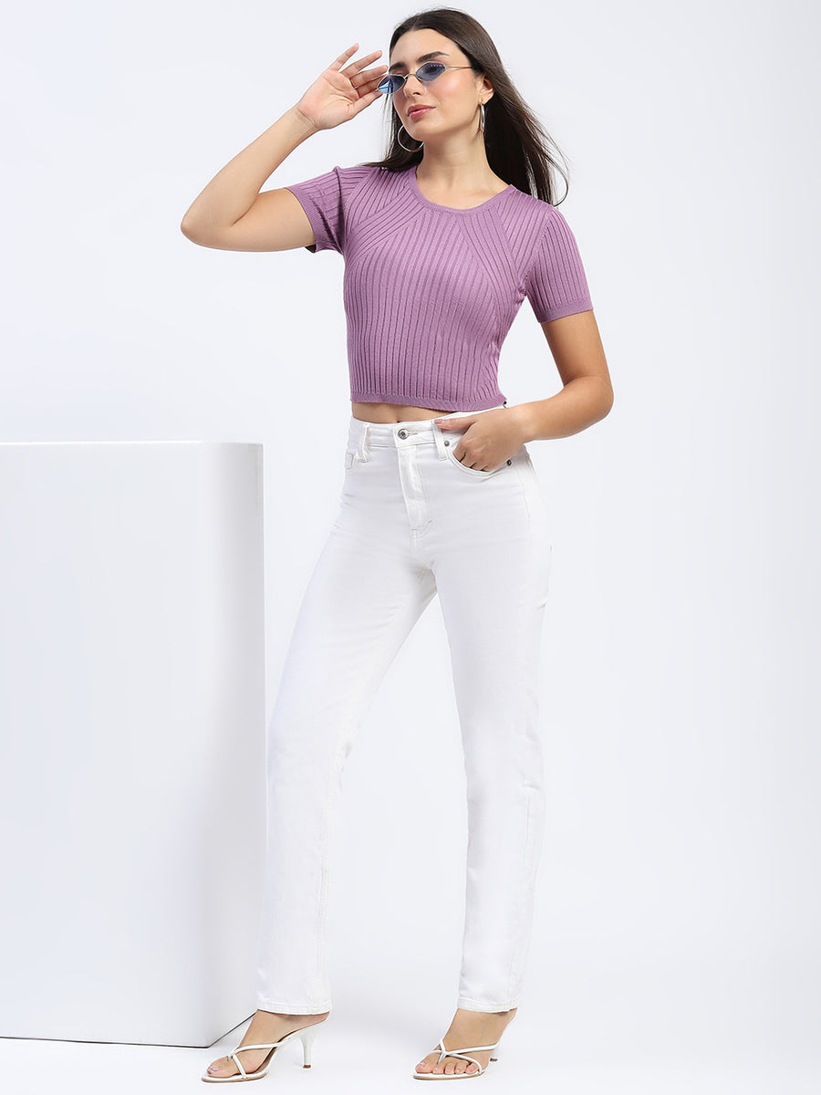 Madame Ribbed Round Neck Bodycon Solid Lilac Top