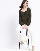 Madame Sweetheart Neck Elasticated Rush Detailed Solid Olive Knit moss Top