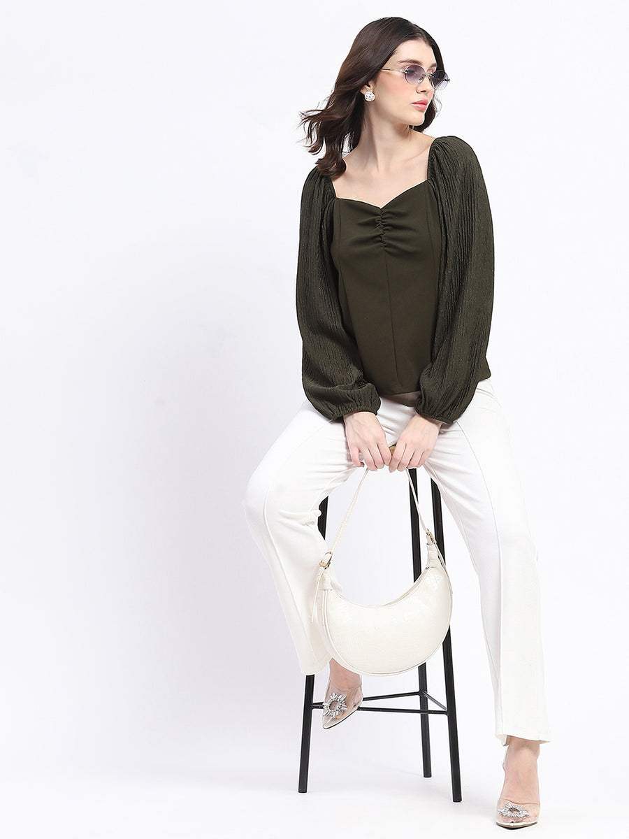 Madame Sweetheart Neck Elasticated Rush Detailed Solid Olive Knit moss Top