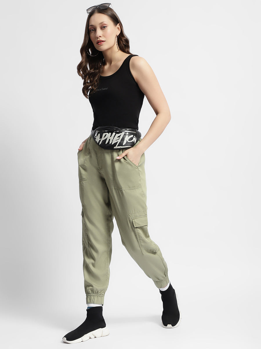 Madame Tapered Fit Olive Green Mid Rise Cargo Joggers