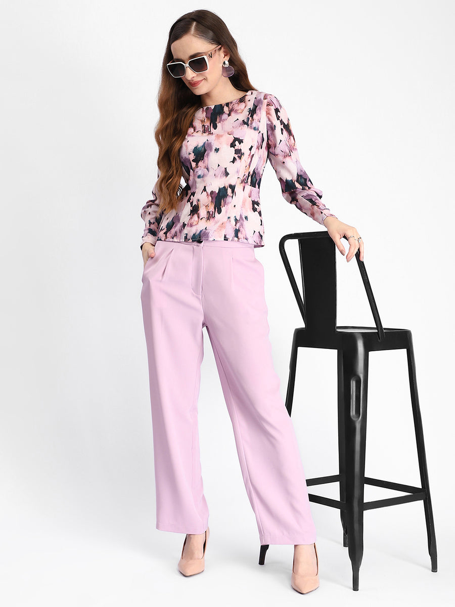 Madame Floral Print Full Sleeve Mauve Rayon Blend Top