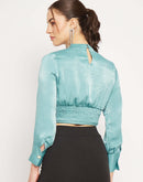 Camla Barcelona Peasent Sleeve Aqua Blue Cinched Waist Crop Top