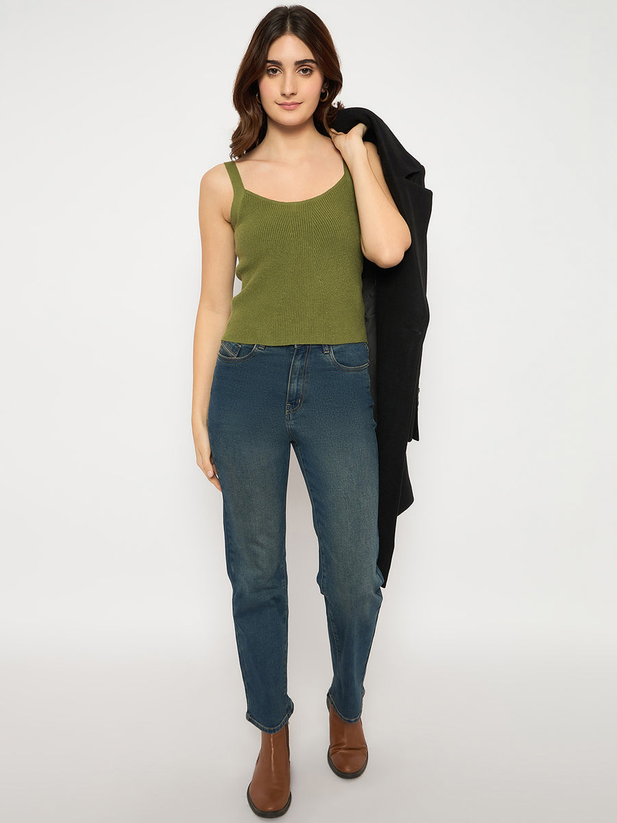 Madame Sleeveless Solid Olive Sweater