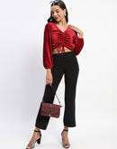 Madame Ruched V Neck Puff Sleeve Velvet Crop Top