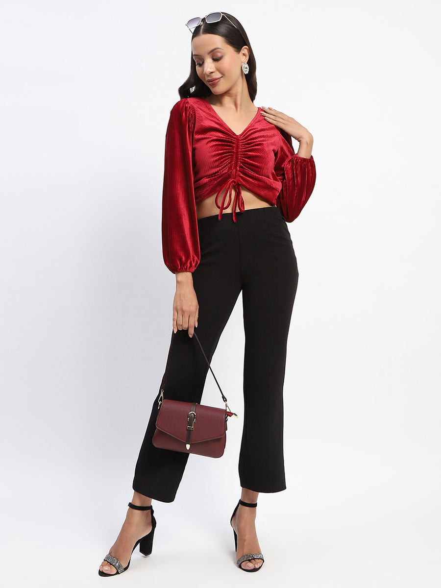 Madame Ruched V Neck Puff Sleeve Velvet Crop Top