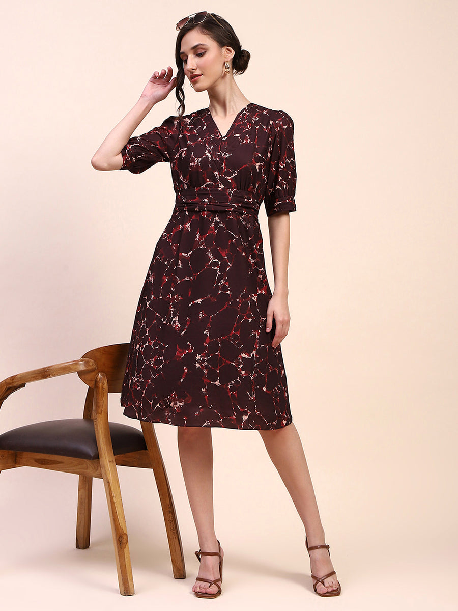 Camla Barcelona Abstract Print Cinched Waist Brown Mid Dress