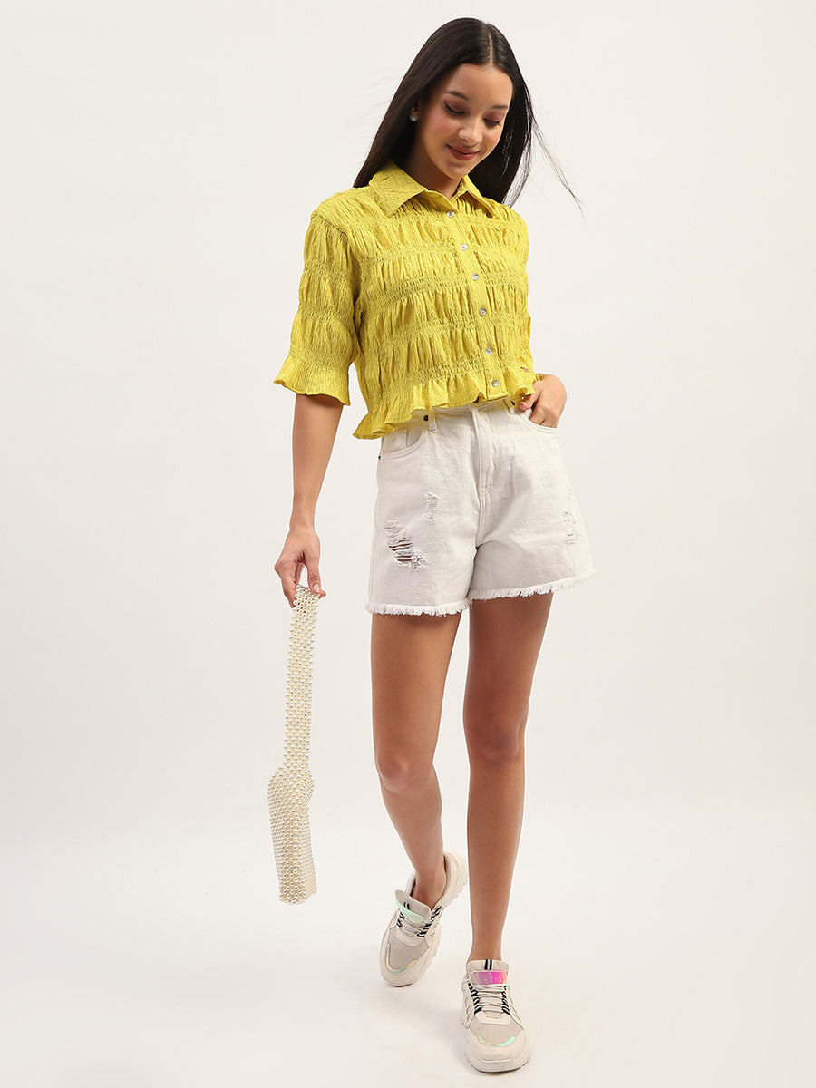 Madame Pleated Detailing Solid Lime Shirt