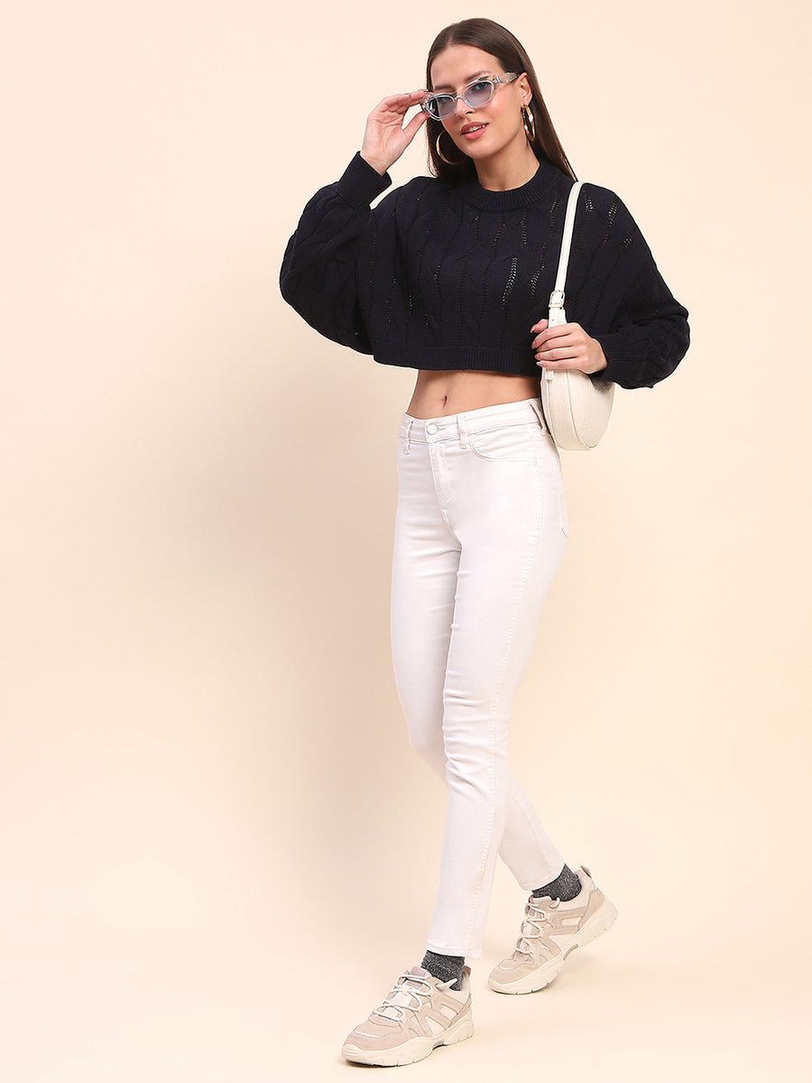 Camla Barcelona Cotton Cable Knit Navy Blue Crop Sweater