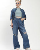 Madame Shanaya Kapoor High-Waisted Flared Ripped Mid Blue Jeans