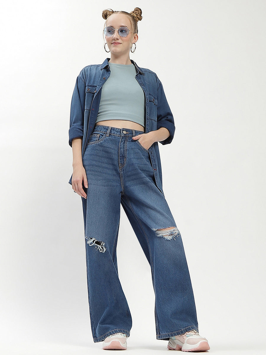 Madame Shanaya Kapoor High-Waisted Flared Ripped Mid Blue Jeans