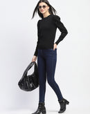 Madame Adorned Sleeves Solid Black Knitted Top