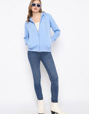 Madame Fleece Placement Printed Zipped Powder Blue Hooded Sweatshirt