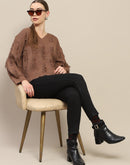 Madame Fringe Detailed V Neck Brown Sweater