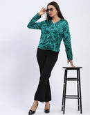 Madame Stylish Teal Green Leaf Print Shirt with Long Sleeves