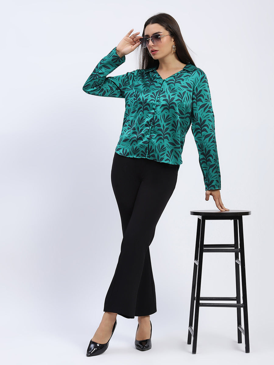 Madame Stylish Teal Green Leaf Print Shirt with Long Sleeves