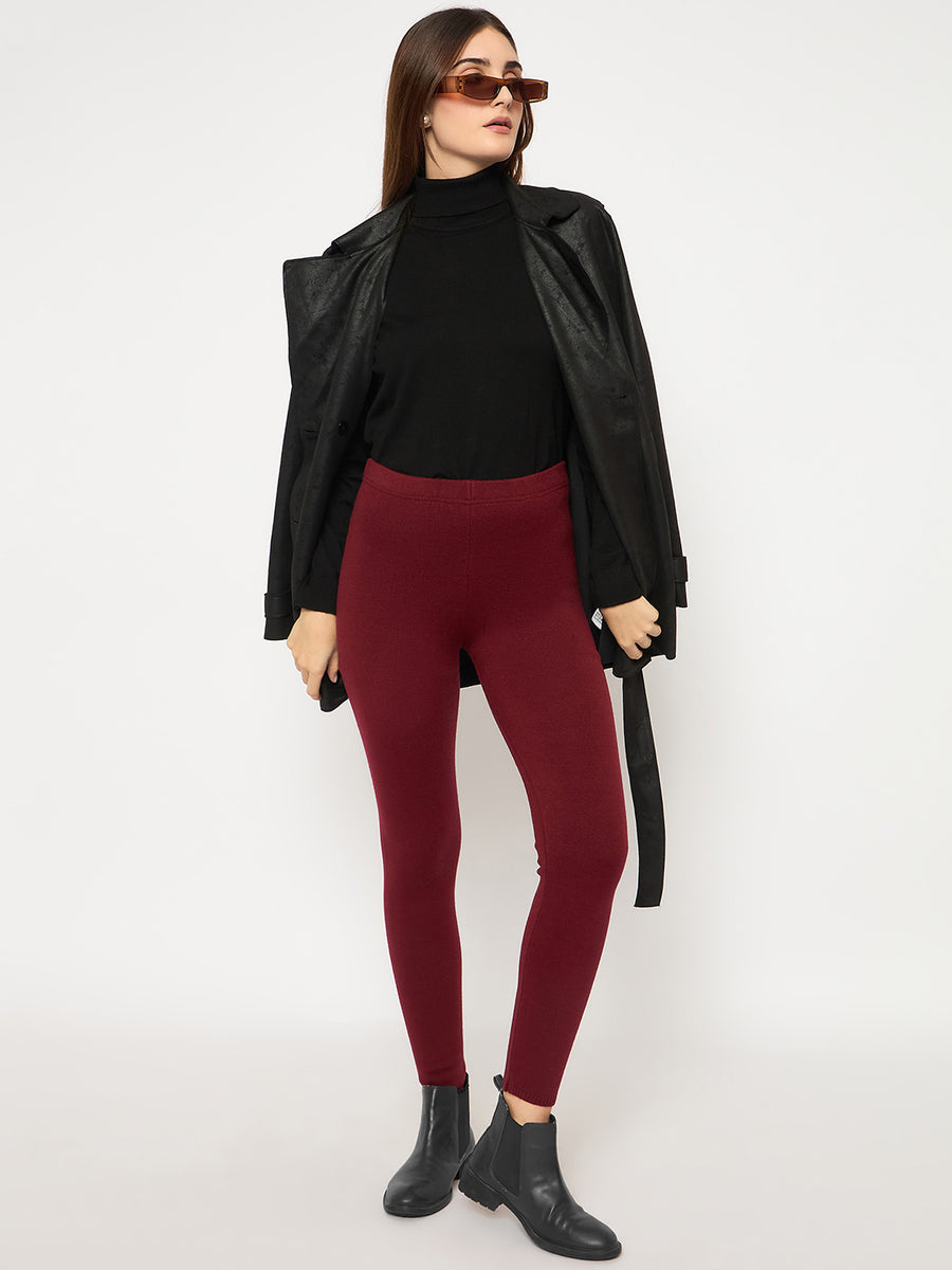 Madame Skinny Fit Solid Maroon Tights