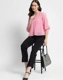 Madame V-Neck Puffed Sleeve Pink Dobby Top