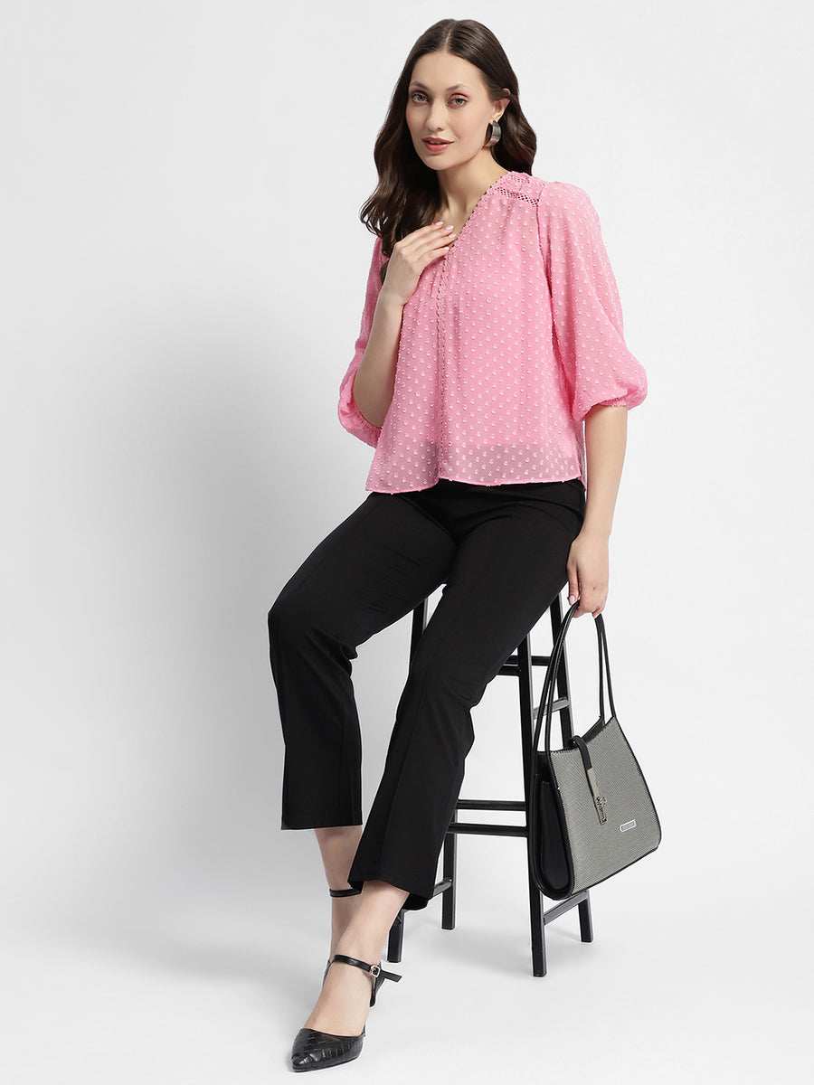 Madame V-Neck Puffed Sleeve Pink Dobby Top