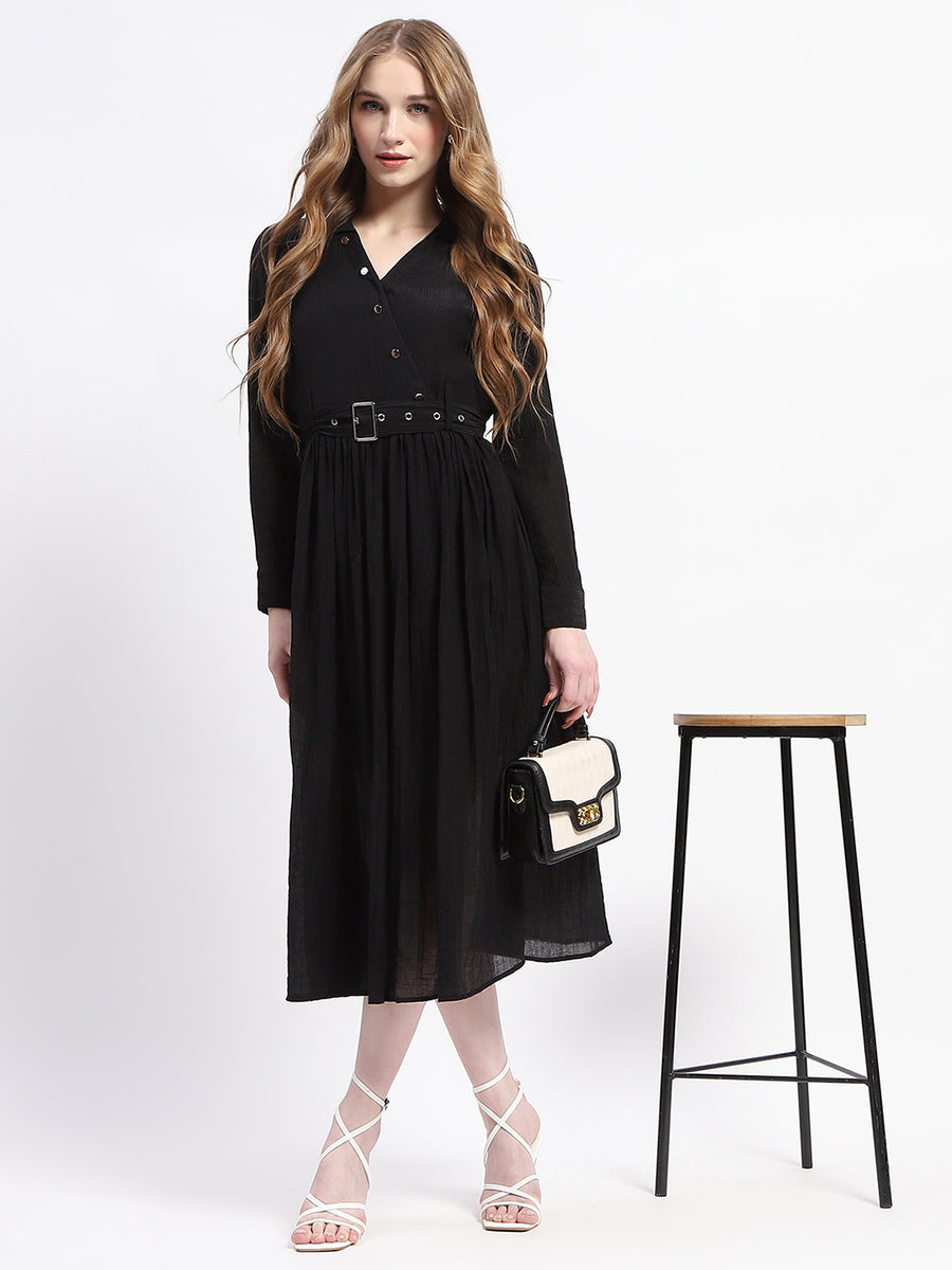 Madame Pleated Cotton Blend Black Shirt Dress