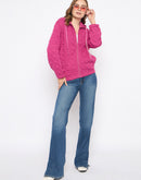 Madame Cotton Blend Self-Textured Zipped Hot Pink Sweatshirt