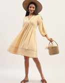 Madame Puff Sleeve Fit And Flare Cotton Beige Midi Dress